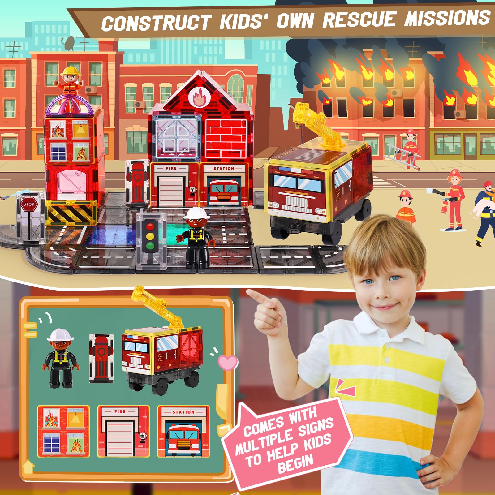 Lotmey 2-in-1 fire rescue scene tiles invite kids to imagine rescues and construction projects.