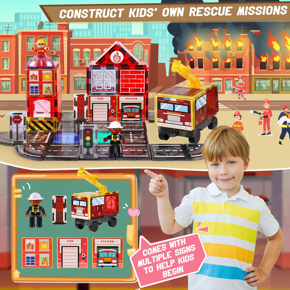 Lotmey 2-in-1 fire rescue scene tiles invite kids to imagine rescues and construction projects.