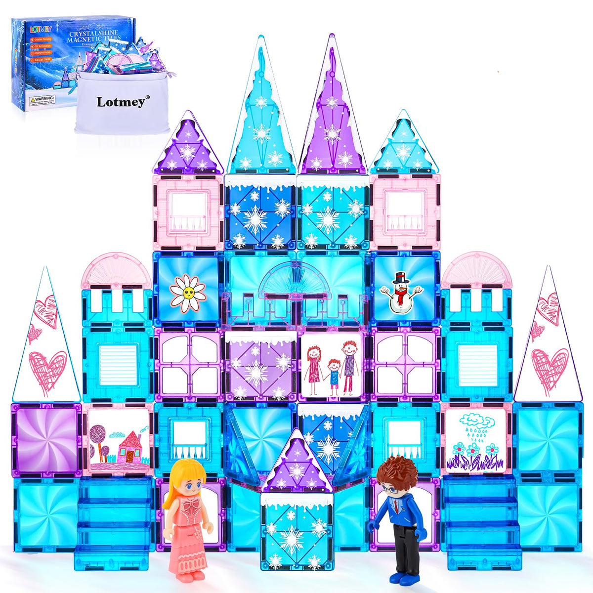 Lotmey Diamond Magnetic Tiles with snow-doodle kit for creative snow world play