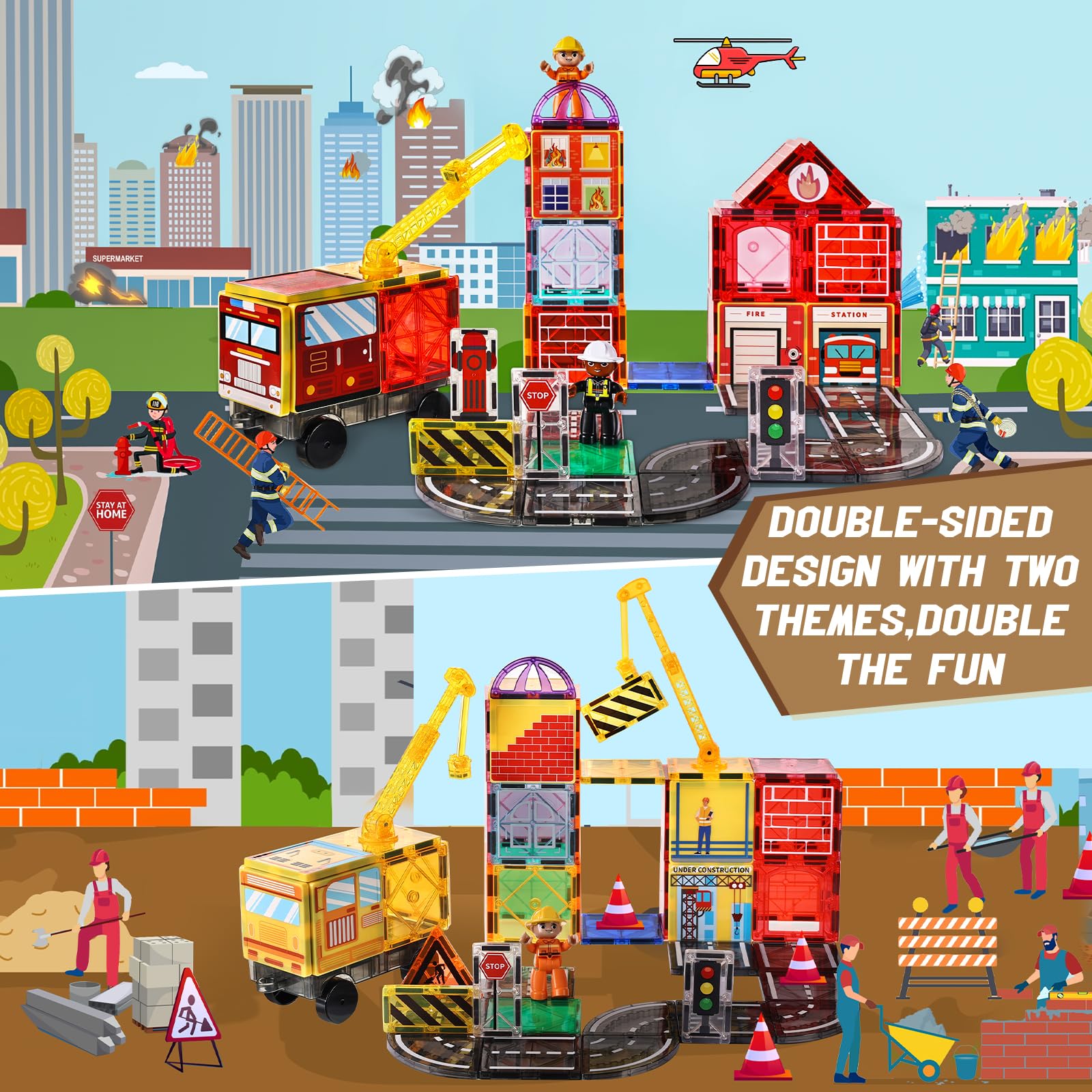Lotmey road tile system with rotating cranes supports dynamic construction play and fine motor skills.