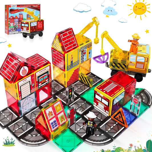 Lotmey magnetic tiles road set with cranes showcases fire station scenes for imaginative play and storytelling.