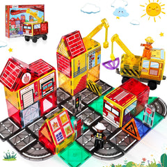 Lotmey magnetic tiles road set with cranes showcases fire station scenes for imaginative play and storytelling.