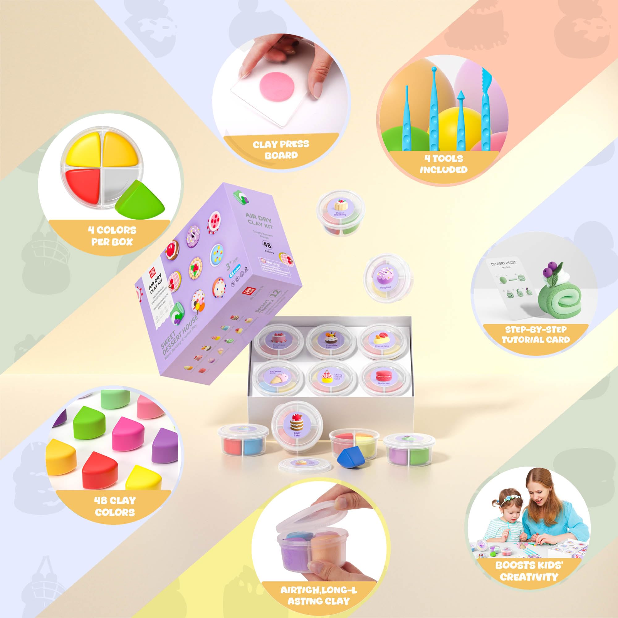 LOUFOR Air Dry Clay Kit’s tutorial cards guide beginners through simple projects