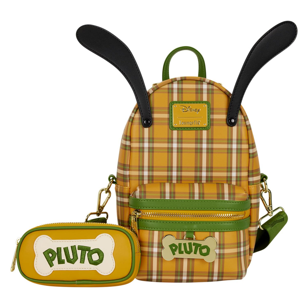 Loungefly Disney Pluto 95th Anniversary sling bag, yellow plaid, ideal for daily outings.
