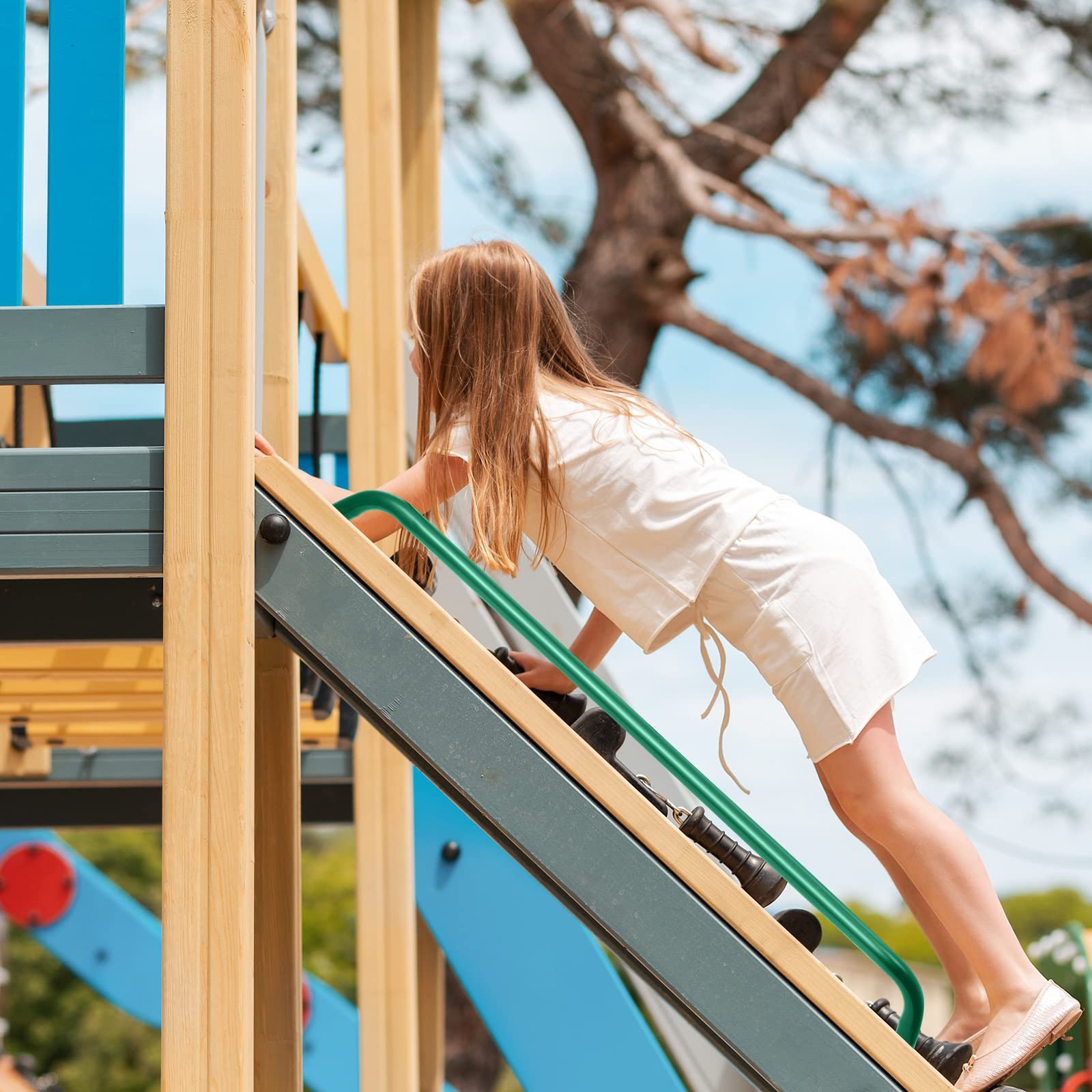 Lounsweer 37-inch green safety handle installed in a treehouse for climbing safety.