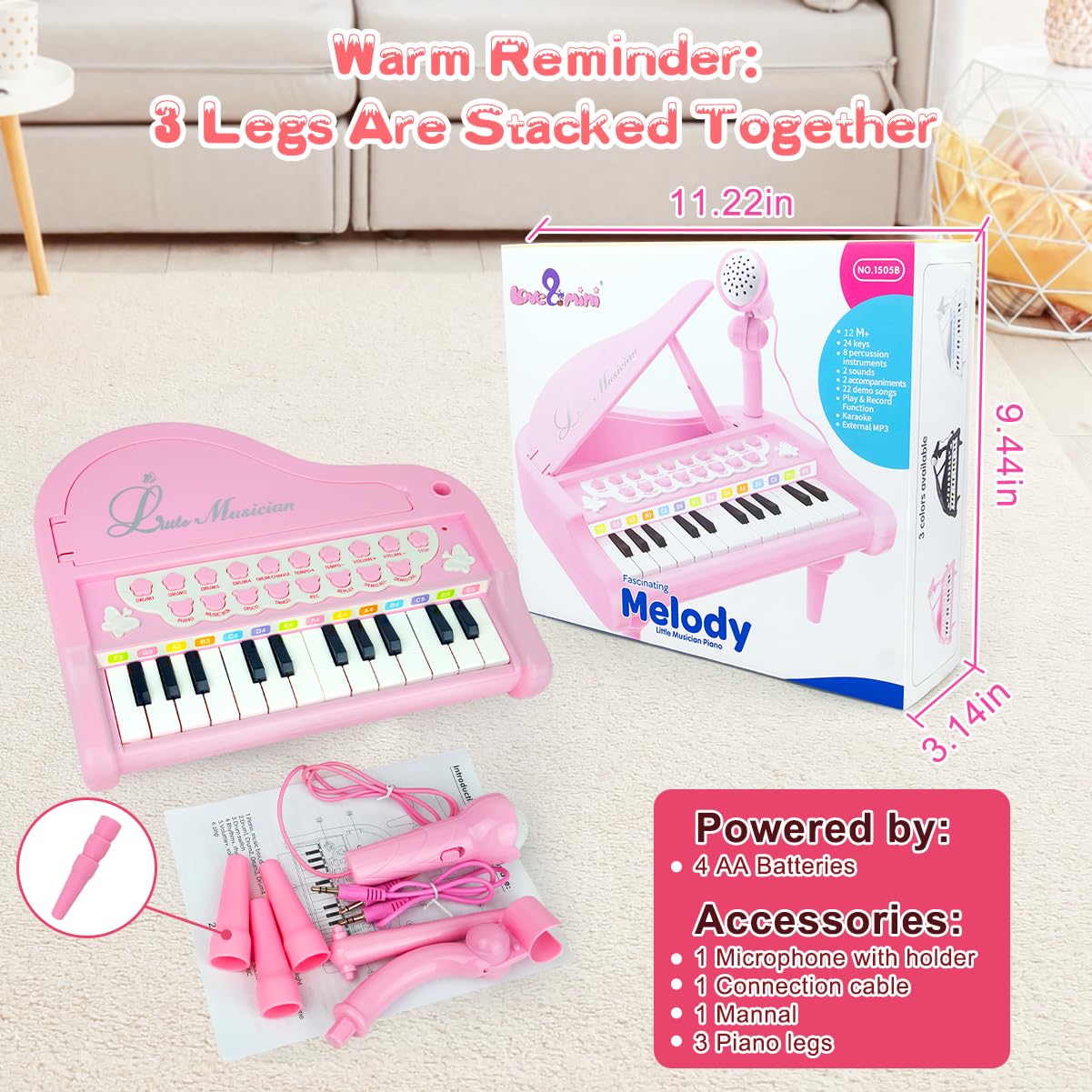 Love&Mini pink piano assembly setup for quick playtime.