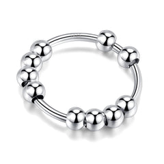 LOVECOM 925 silver anxiety ring with beads — top view showing rotating focus beads.