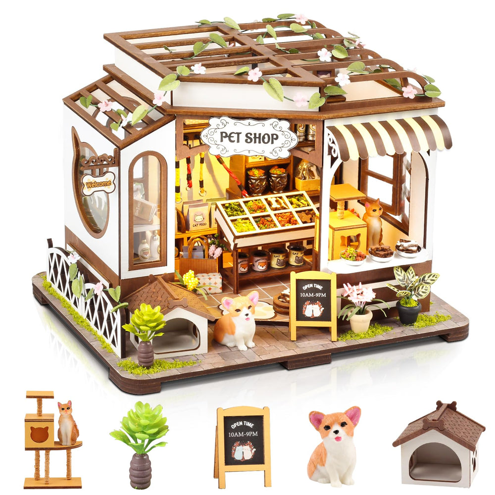 Lovelyhome DIY miniature pet shop with furniture and LED lighting for immersive play