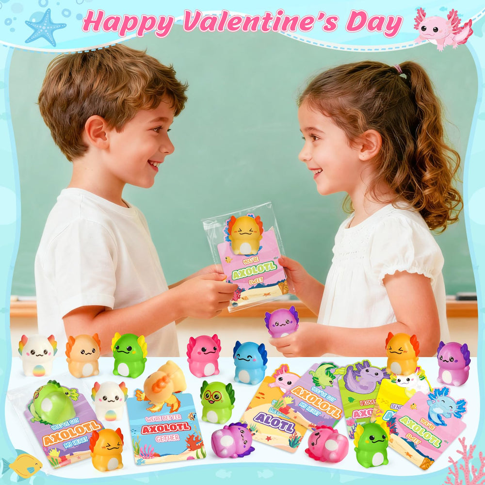 LovelyJn classroom Valentine exchange setup with axolotl toys
