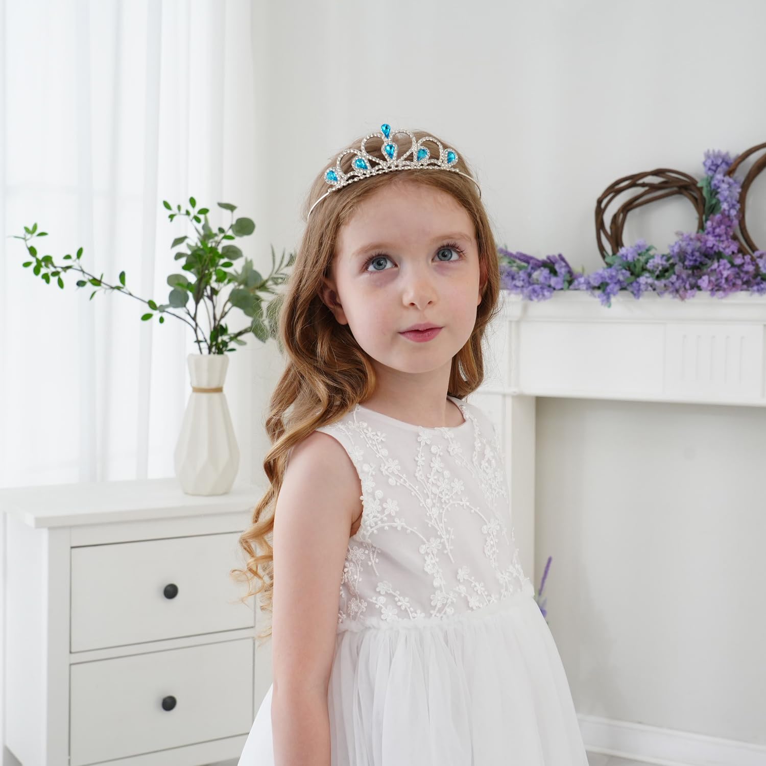 Lovelyshop Princess Tiara Crown worn on head highlights secure ribbon-tie stability during play.