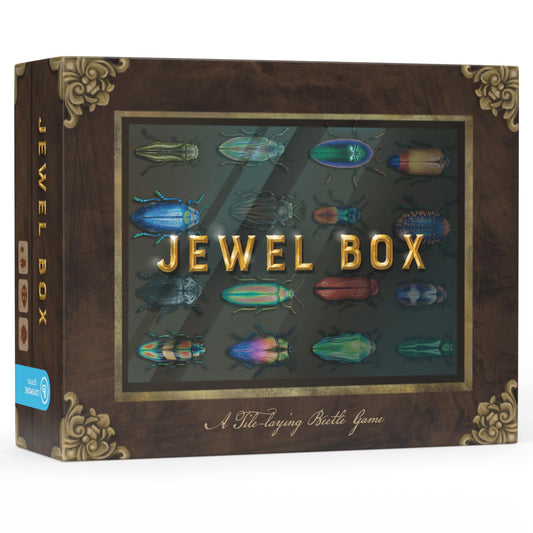 Lovemore Games Jewel Box cover art with colorful beetles for family game night.