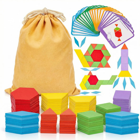 LovesTown 209-piece wooden pattern blocks for open-ended play and early math exploration.