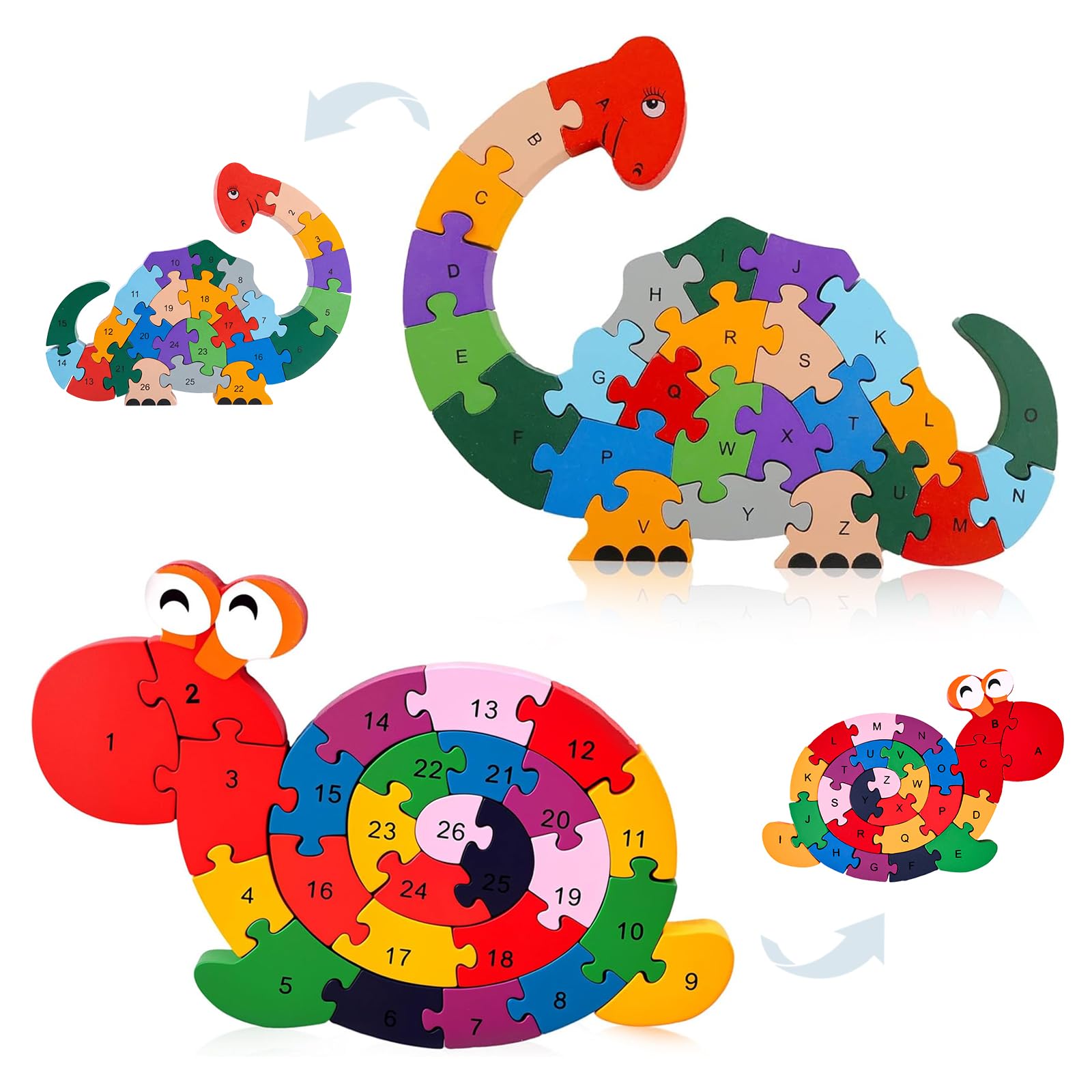 LovesTown dinosaur puzzle front view with alphabet and numbers for early learning.