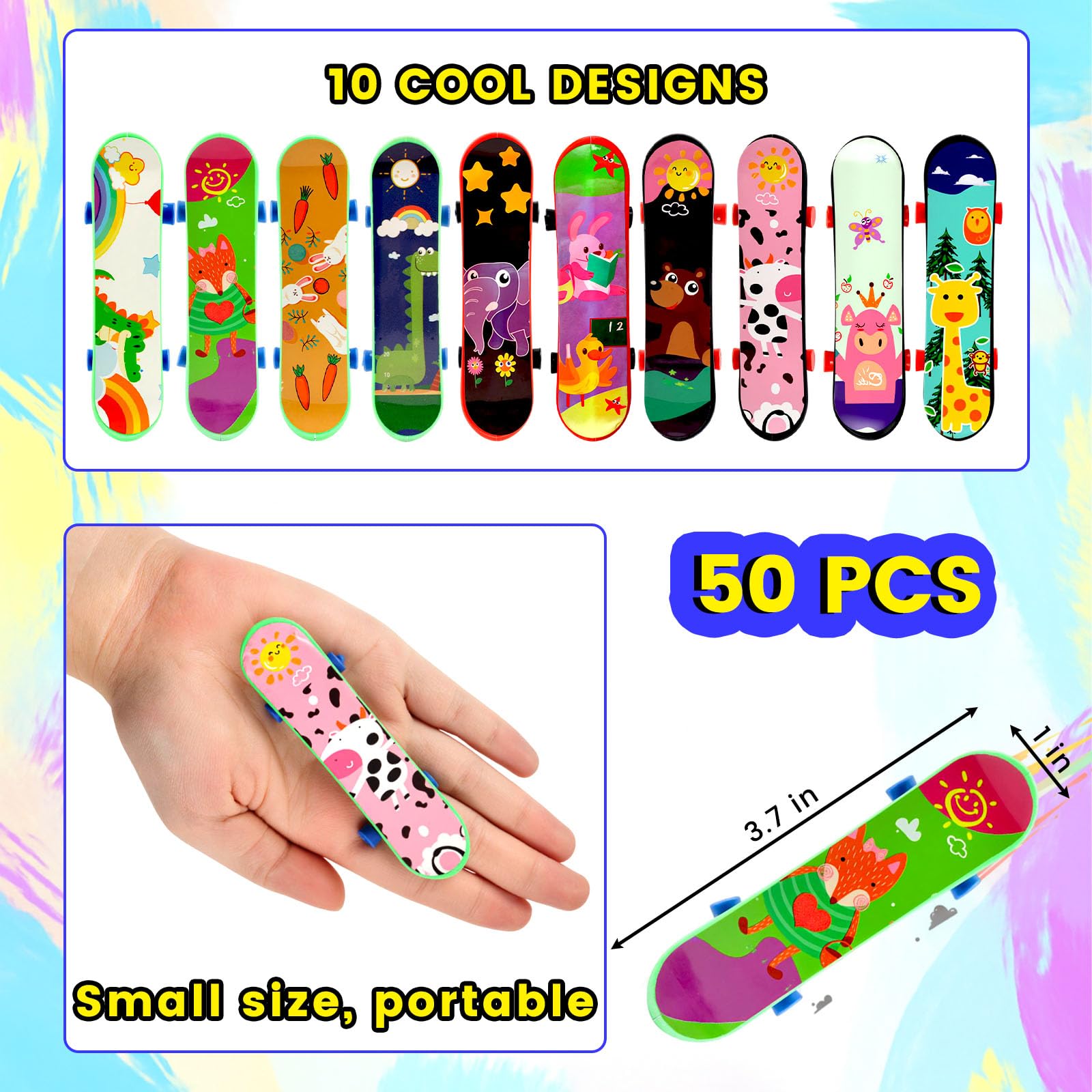 LovesTown finger skateboards with bright multi designs inspire creative pretend sessions.