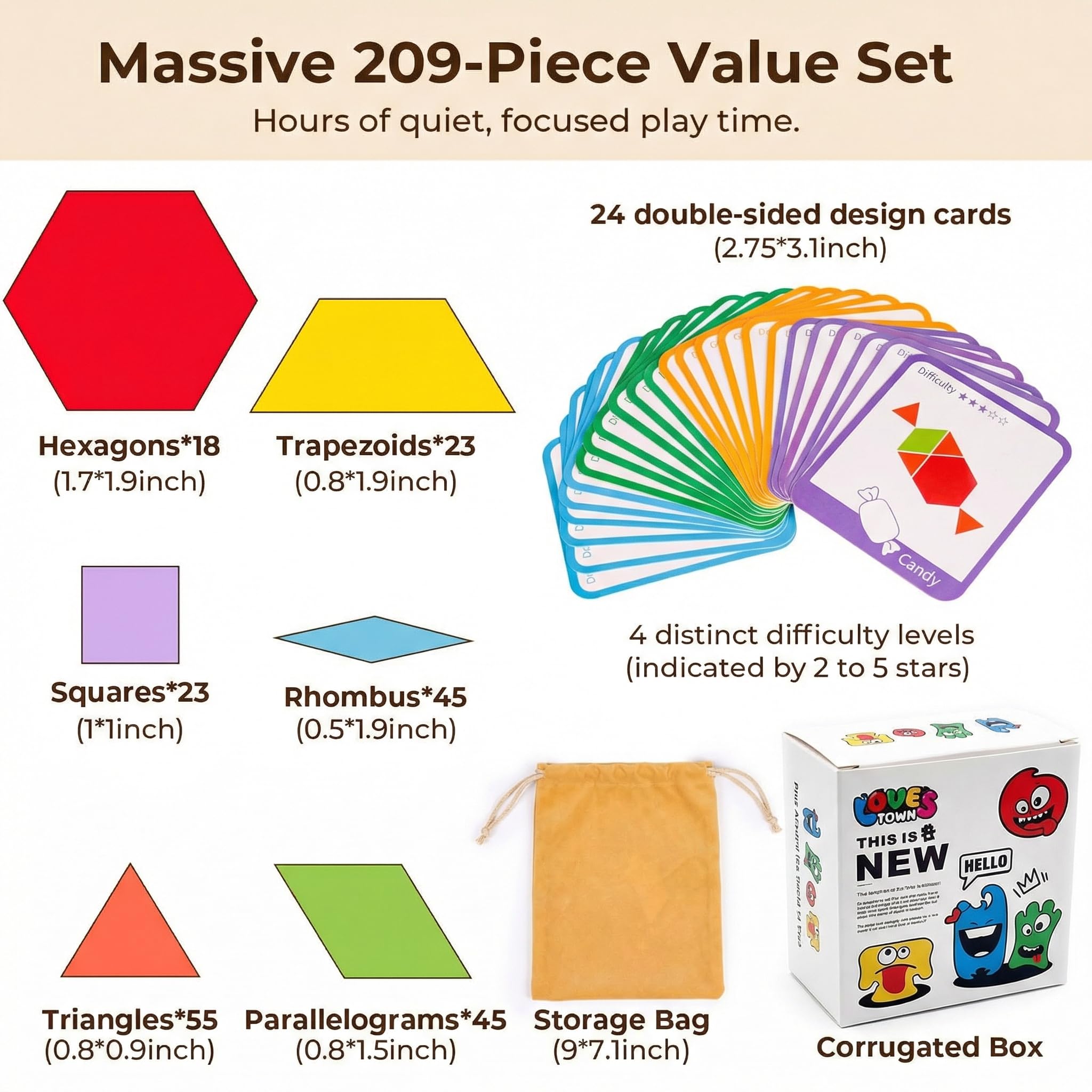 LovesTown wooden geometric shapes, including hexagons, for pattern creation and spatial skill development.