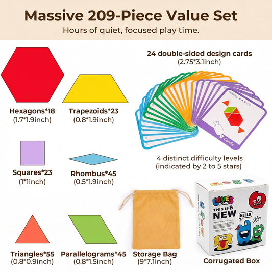 LovesTown wooden geometric shapes, including hexagons, for pattern creation and spatial skill development.