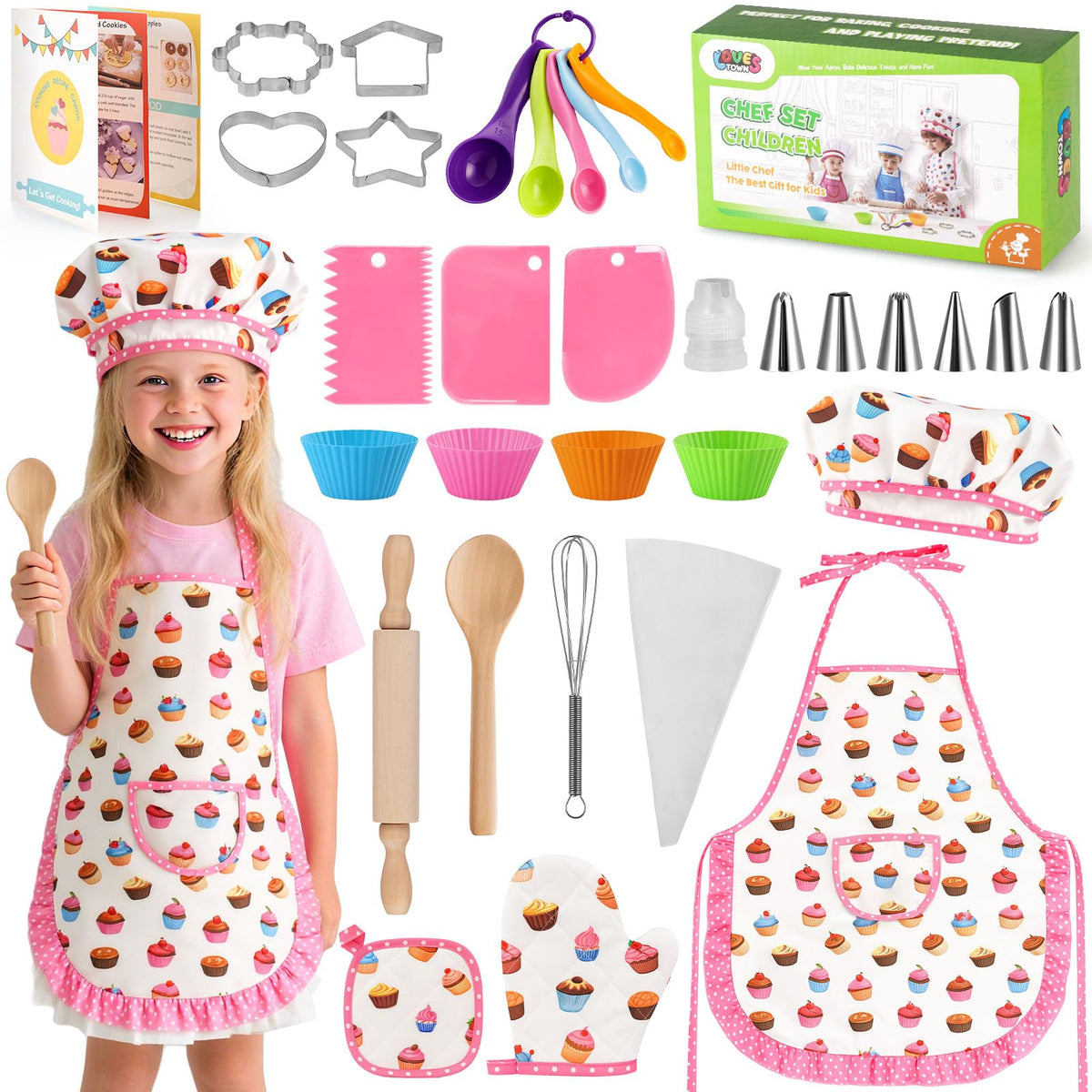 LovesTown kids cooking set chef hat and apron for imaginative role-play
