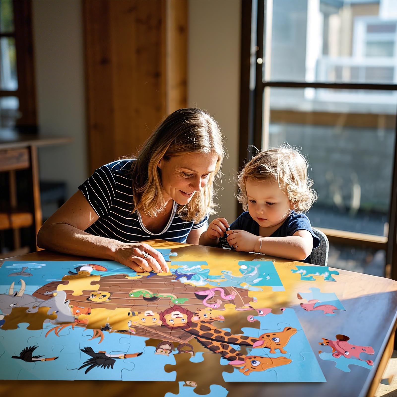LovesTown kids enjoying puzzle play: large pieces support fine motor skills during interactive fun.
