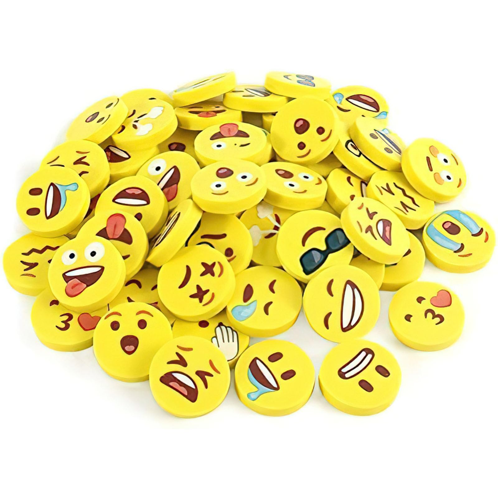LovesTown mini erasers in variety emoticons for 60-piece set, perfect for classroom rewards.