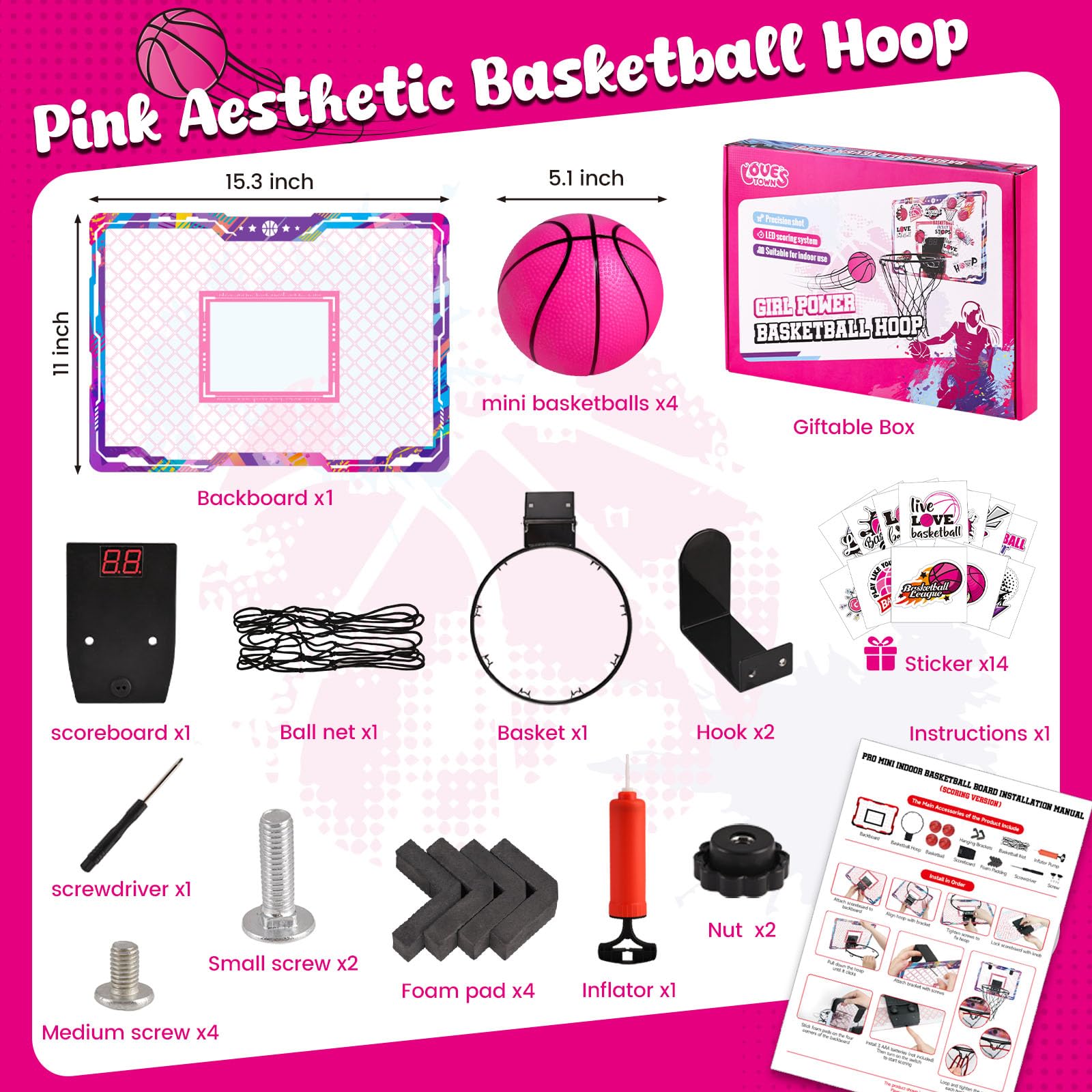 LovesTown pink hoop with LED lights for engaging game visuals during play