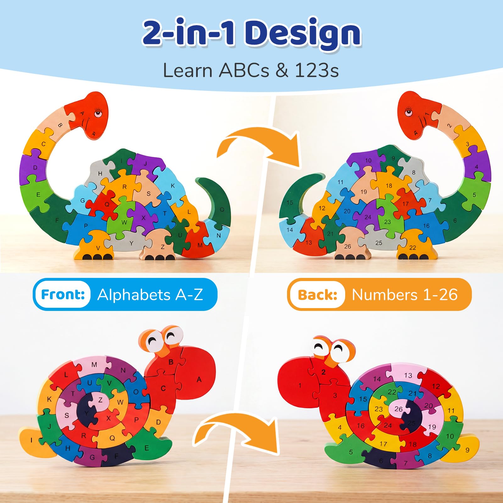 LovesTown snail puzzle front view with letters and numbers to foster counting skills.