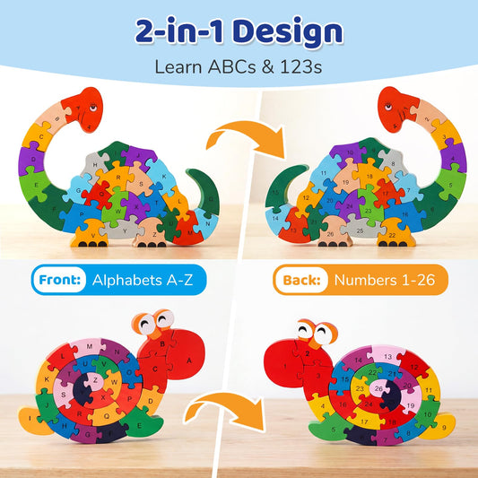 LovesTown snail puzzle front view with letters and numbers to foster counting skills.
