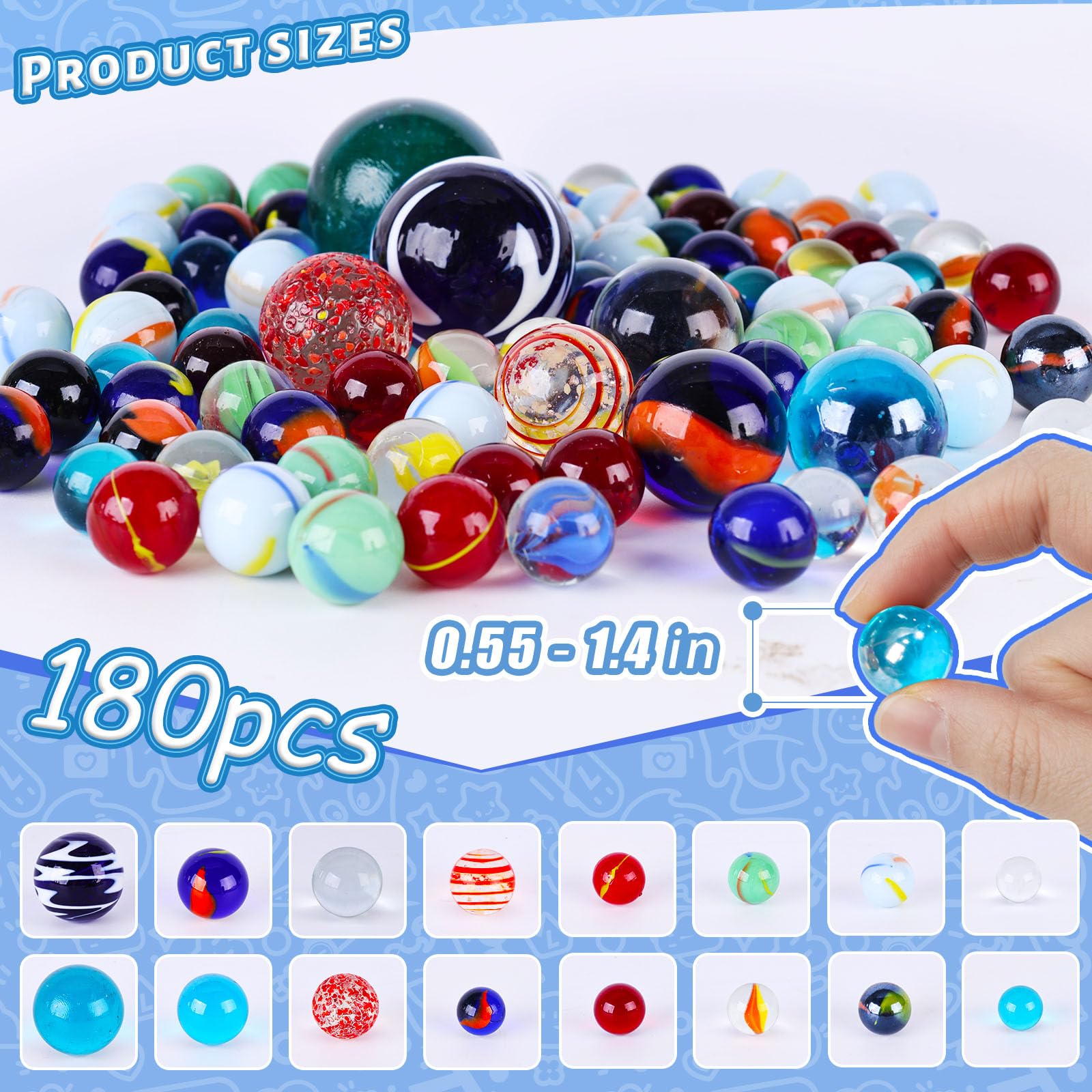 LovesTown varied sizes glass marbles 0.55 to 1.4 inches ideal for diverse marble games