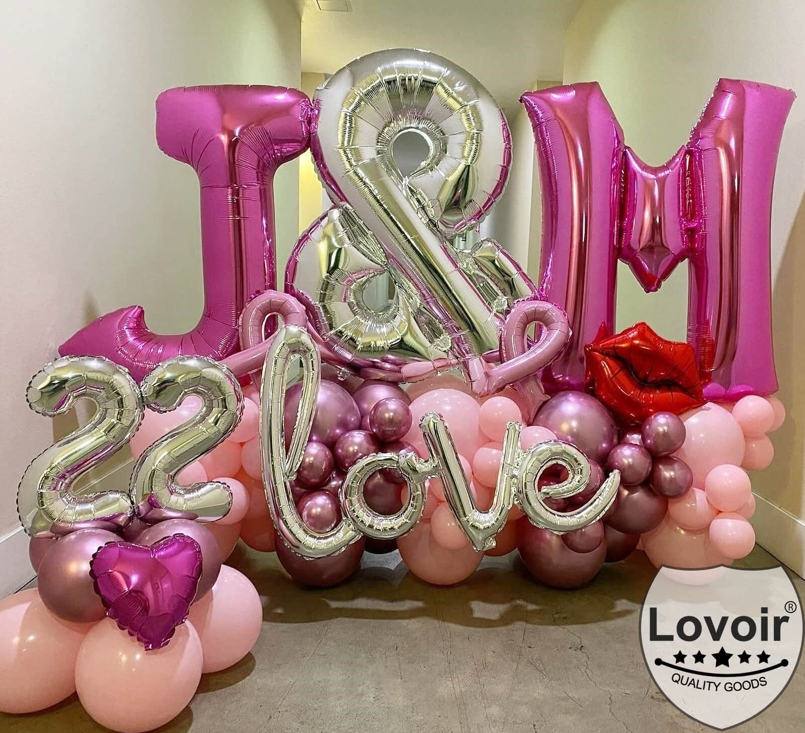 Lovoir X balloon hung from top holes for bold display.
