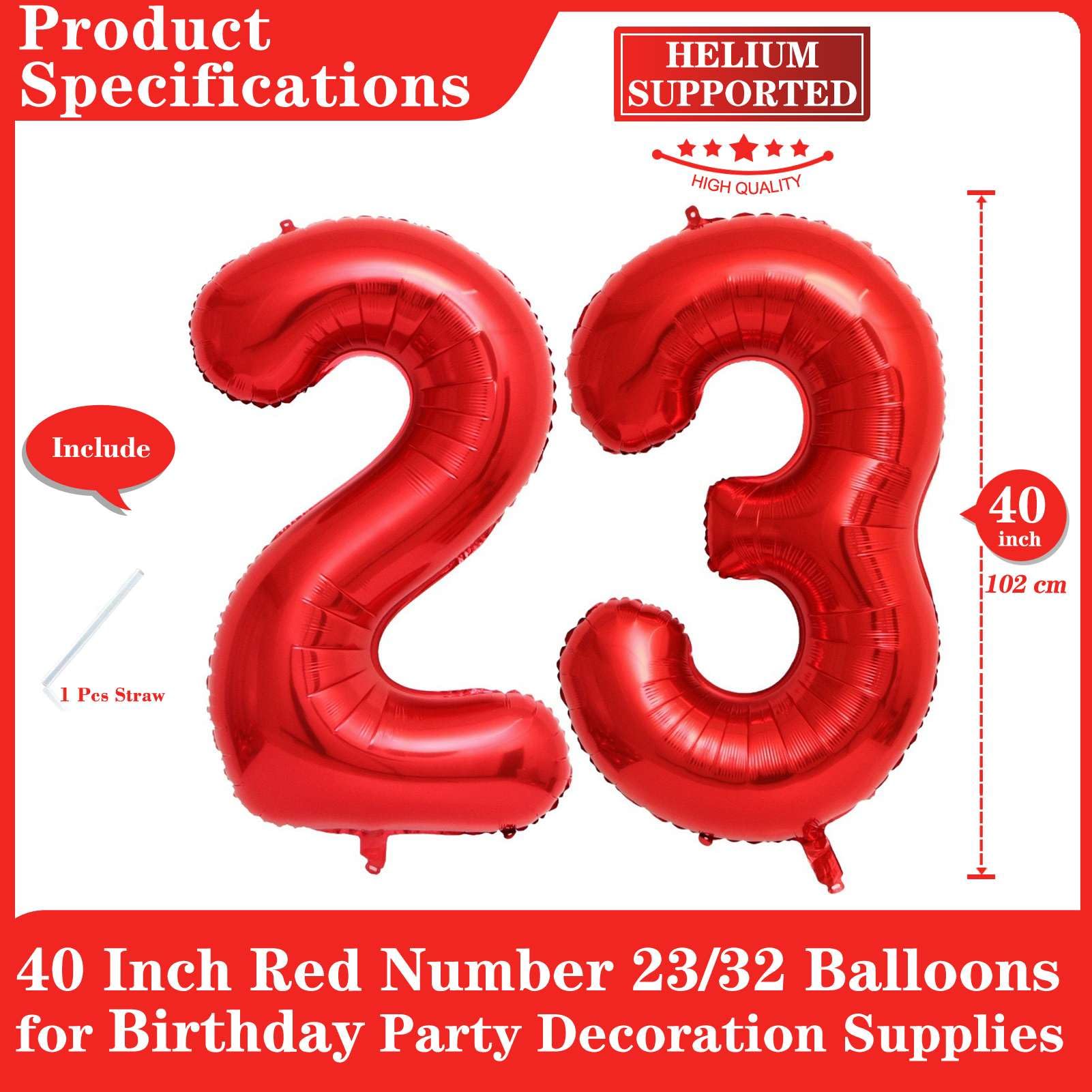Lovoir red foil 23-number balloon with straw for easy inflation