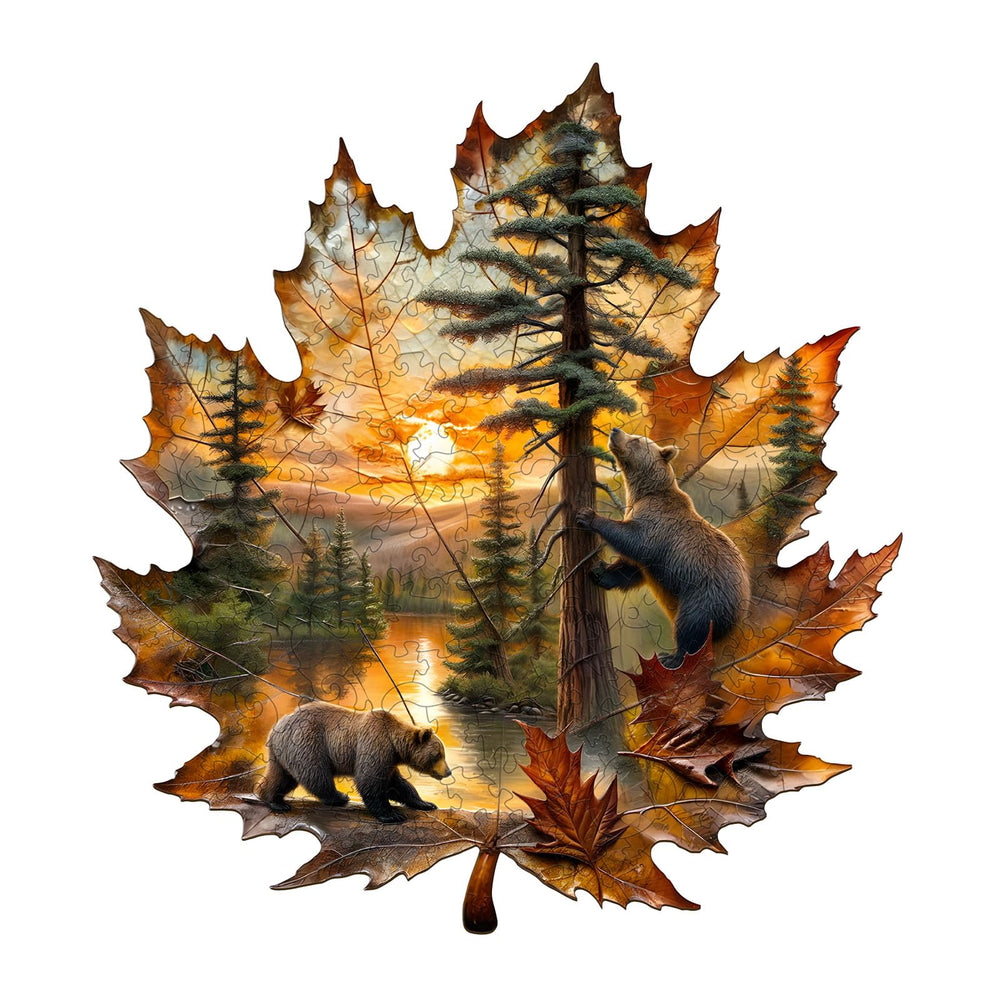 Lovpippi brown bear autumn maple leaf puzzle—vibrant nature scene for mindful play.