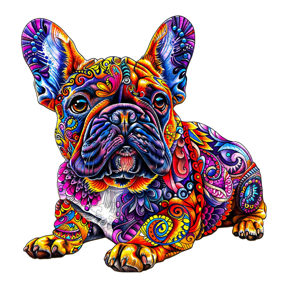 Lovpippi French Bulldog wooden puzzle – natural wood with vibrant image for focused adult puzzling.