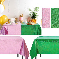 LOYIM witch holographic tablecloth in pink and green adds magical party sparkle.