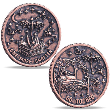 LParkin Just One More Chapter Coin front view with book-inspired engravings.