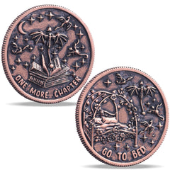LParkin Just One More Chapter Coin front view with book-inspired engravings.