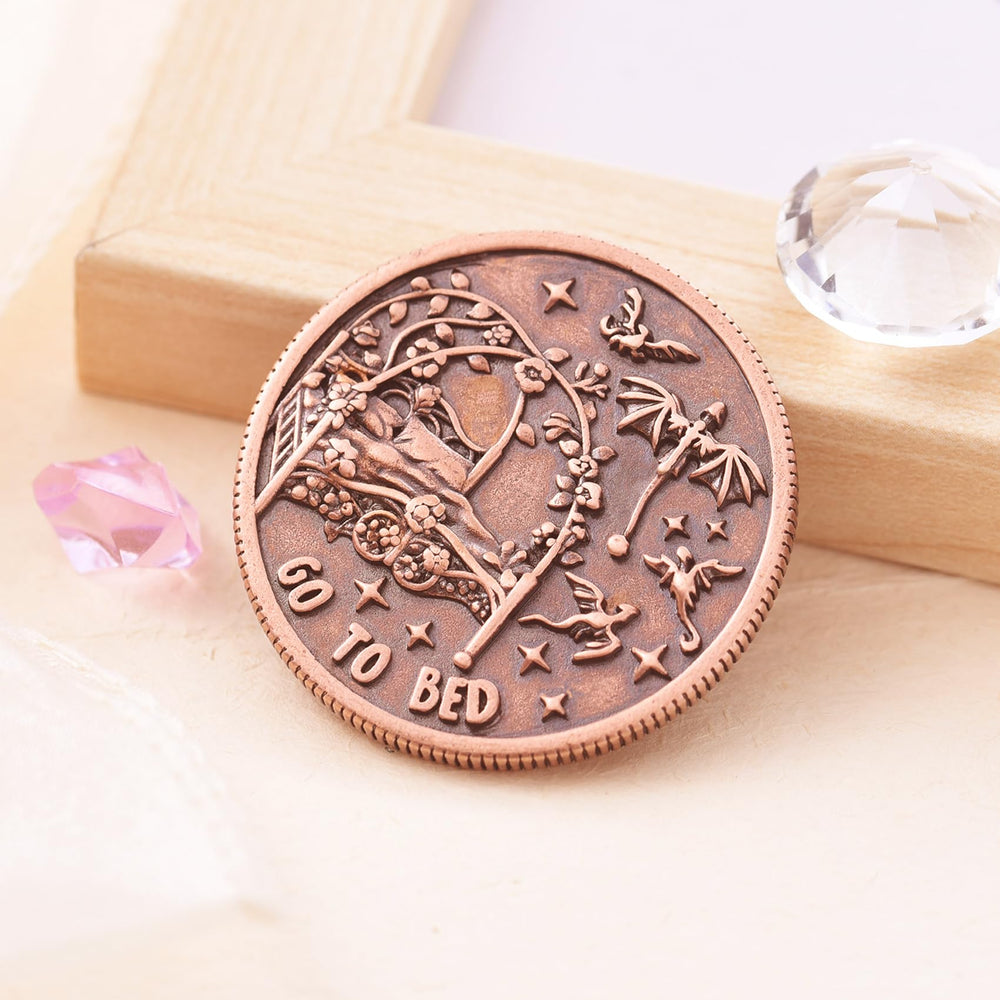 Copper LParkin coin displayed on a bookshelf to complement bookish decor.