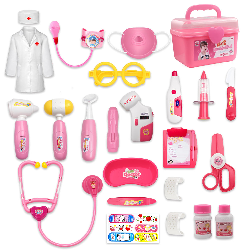 LPFG 24Pcs Doctor Kit pink case displayed for organized pretend play and imaginative storytelling.