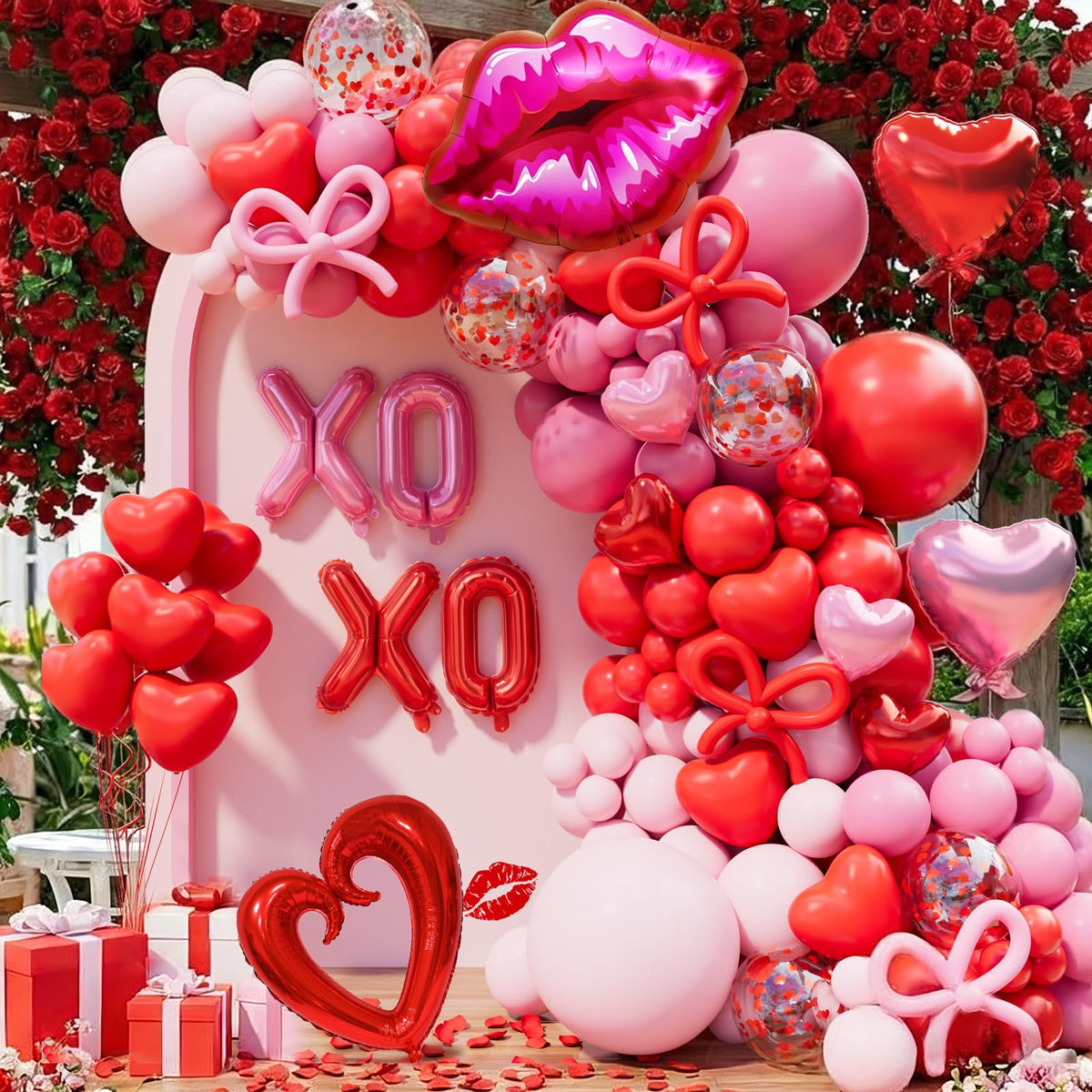 LSYBBDECOO Valentines balloon arch kit with 570-piece red and pink balloon set for a dramatic backdrop.