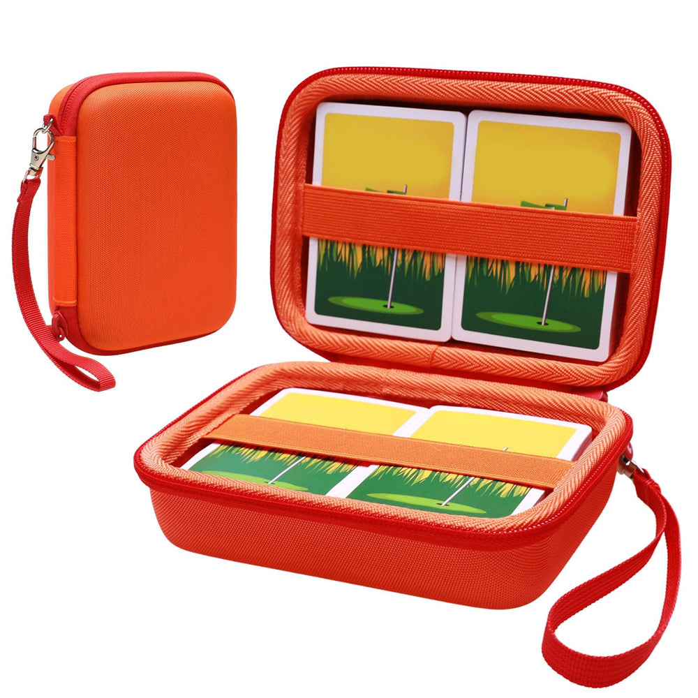 L LTGEM orange card game case front view showing secure fit for 300+ card sets.