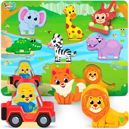 Lucas & Friends jumbo wooden wild animal puzzle board supports early learning