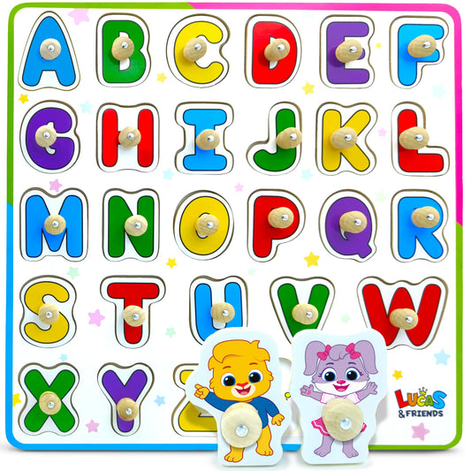 Lucas & Friends ABC puzzle board aids toddler letter learning.