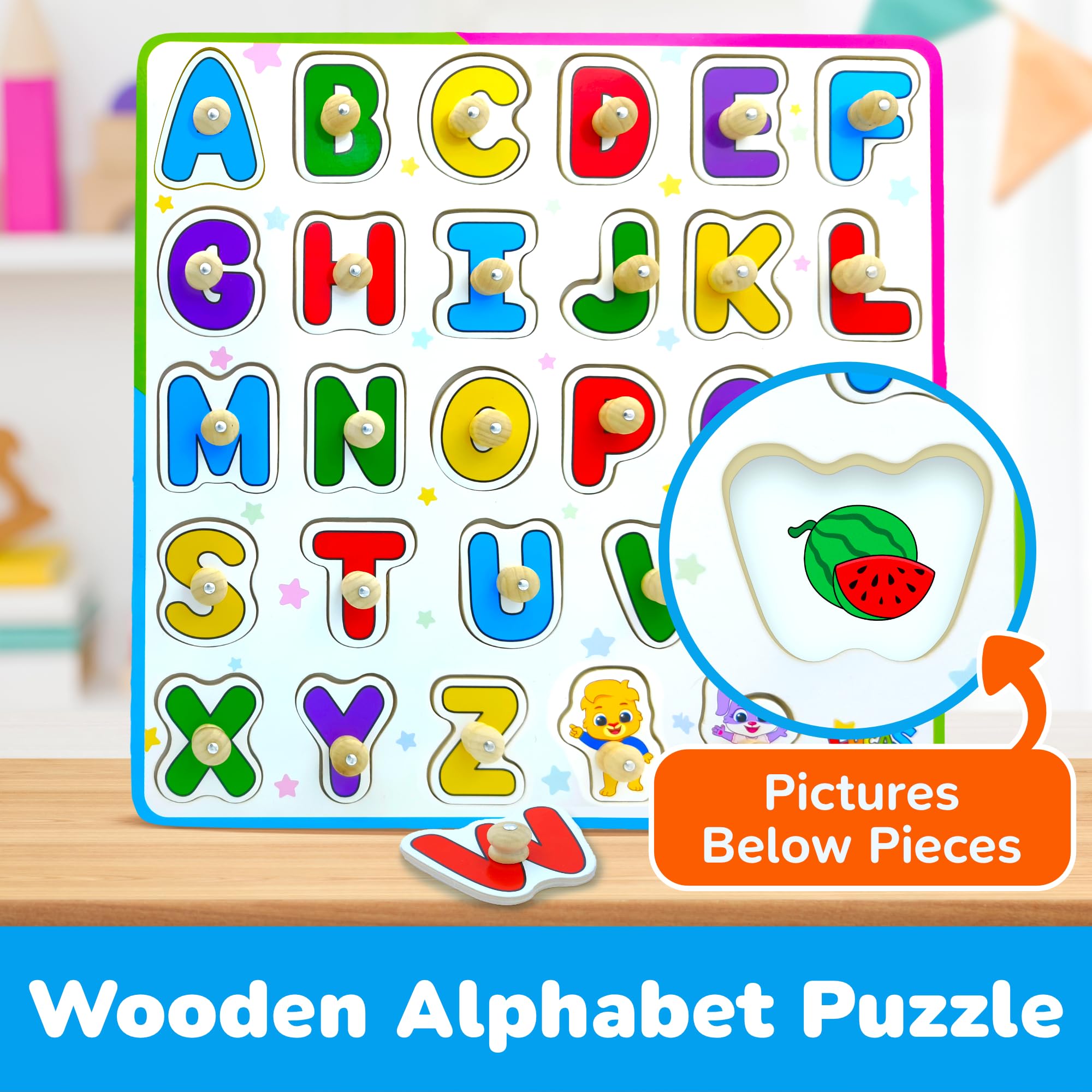 Lucas & Friends bright colors boost engagement during alphabet play.
