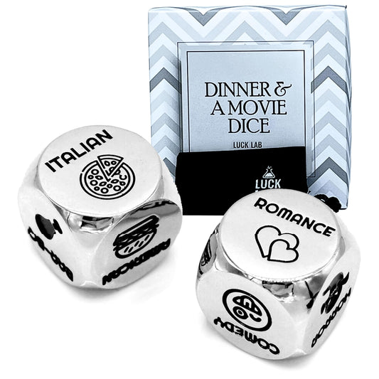 Luck Lab Date Decider Dice showing dinner options for an easy date-night pick