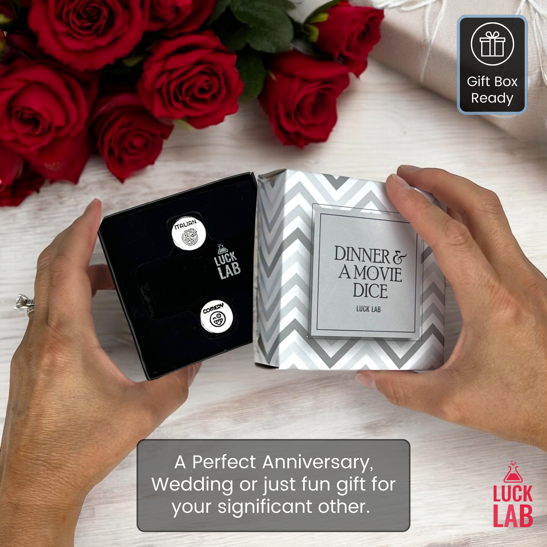 Luck Lab Date Decider Dice displaying movie genres to tailor your mood