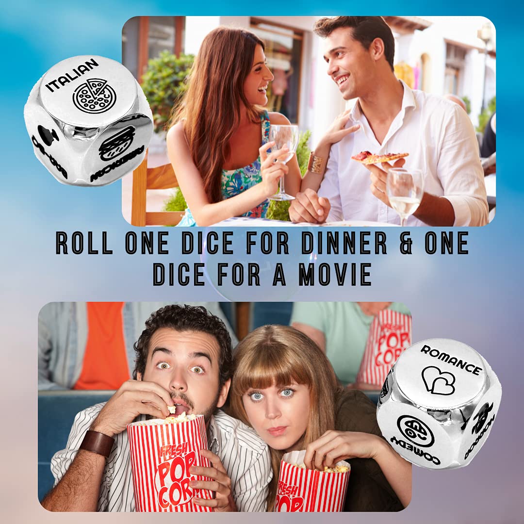 Luck Lab Date Decider Dice next to velvet storage bag for safe keeping