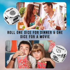 Luck Lab Date Decider Dice next to velvet storage bag for safe keeping