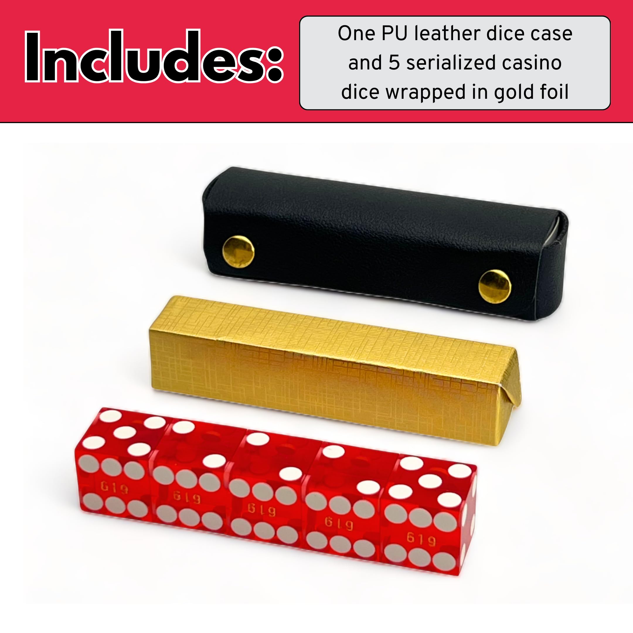 Luck Lab black PU leather dice case protects five premium dice.