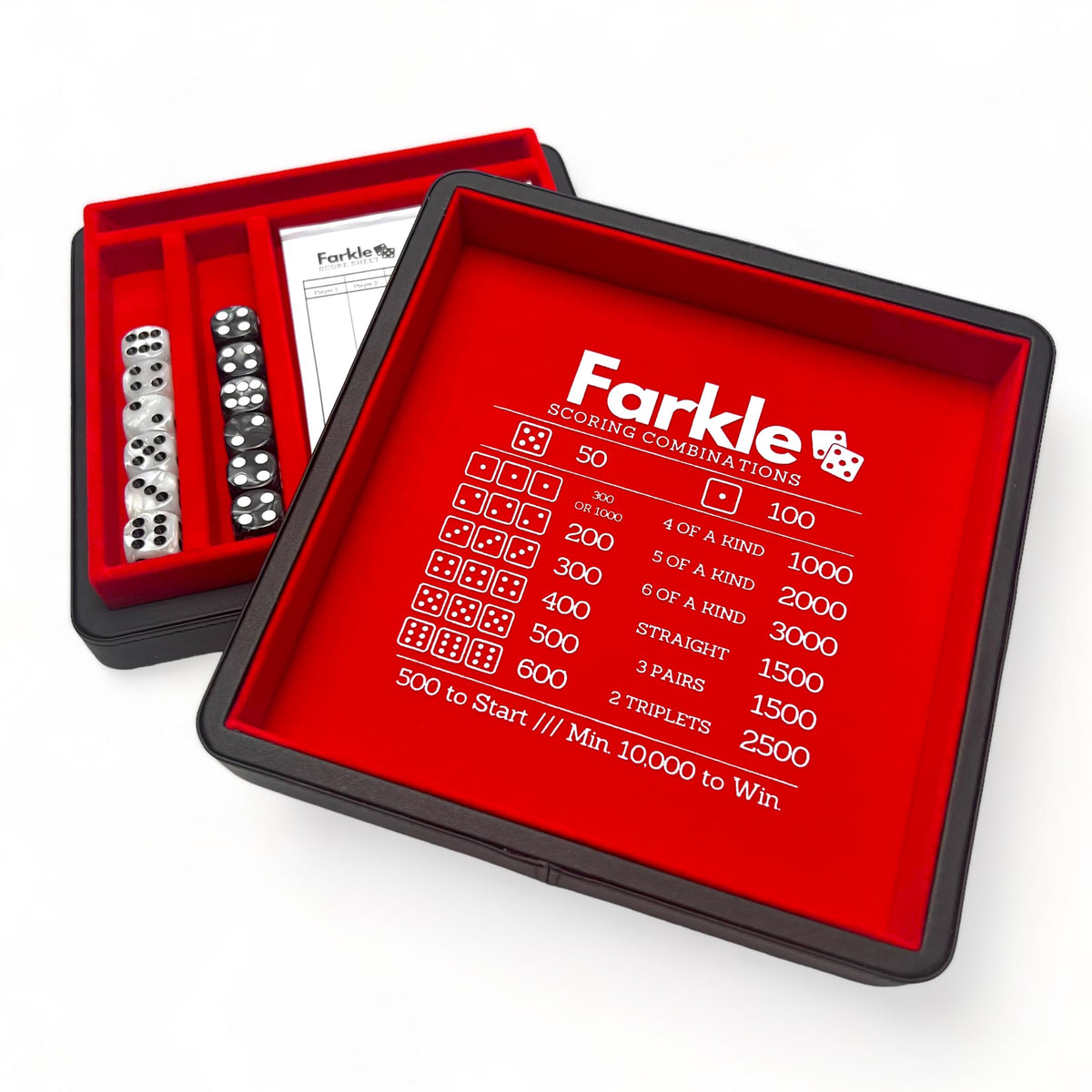 Luck Lab Farkle dice tray open with velvet interior for quiet rolls