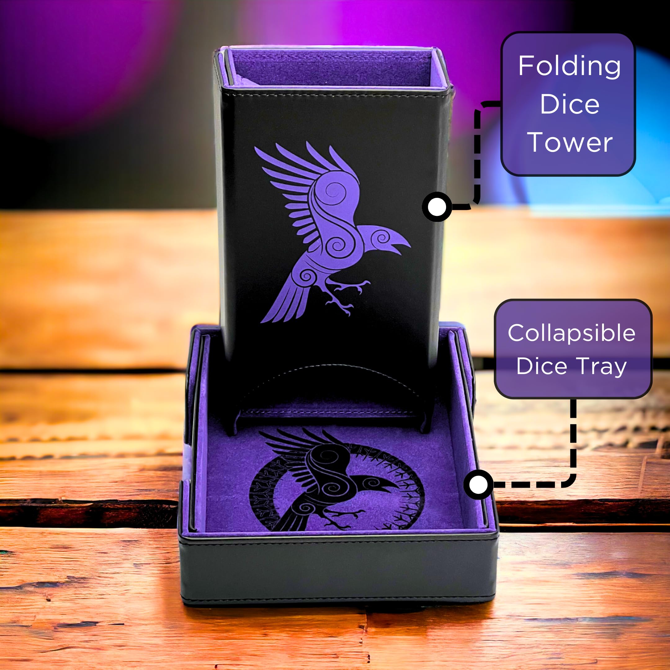 Luck Lab folding dice tower in black and purple, closed with tray attached.