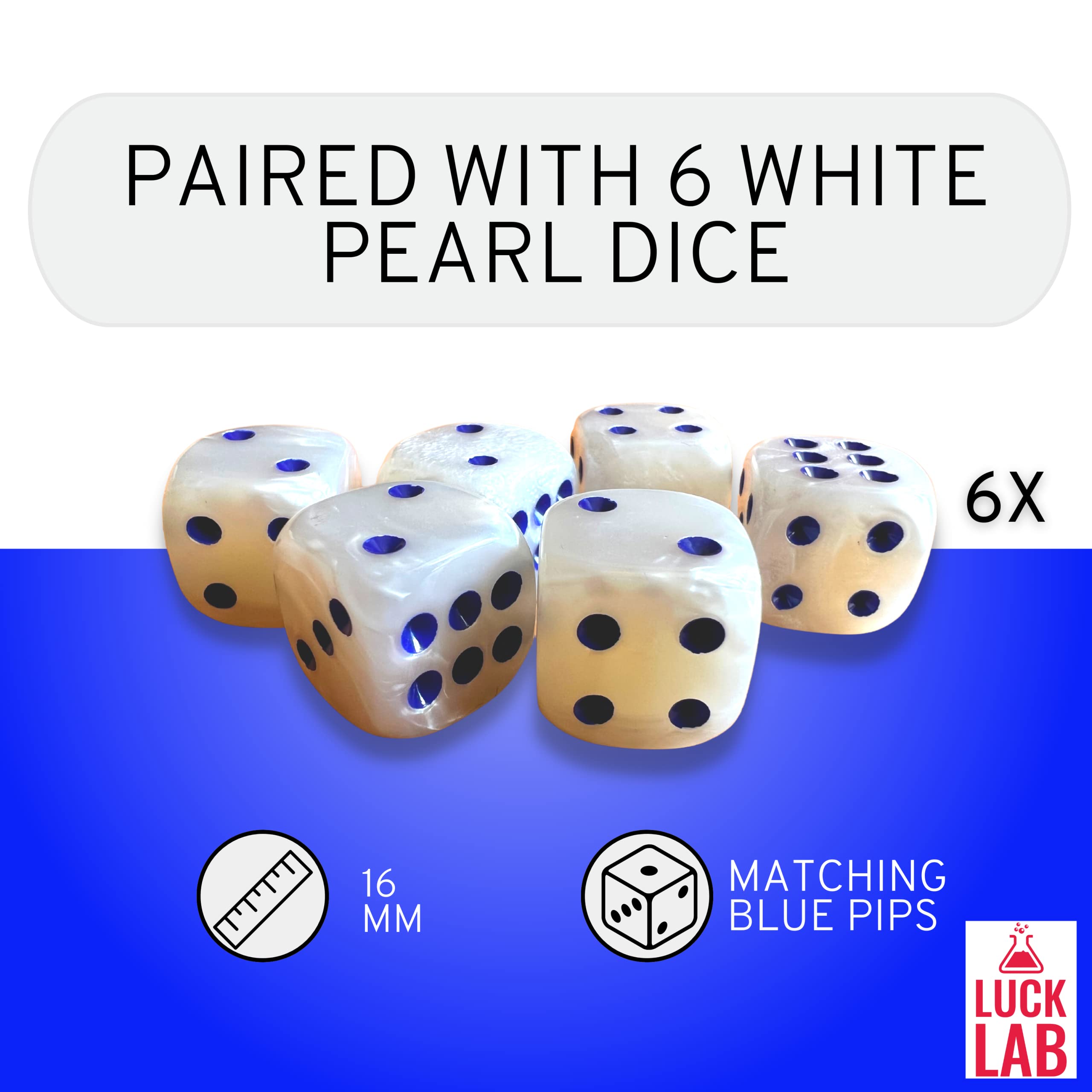 Six pearl dice with blue pips from Luck Lab