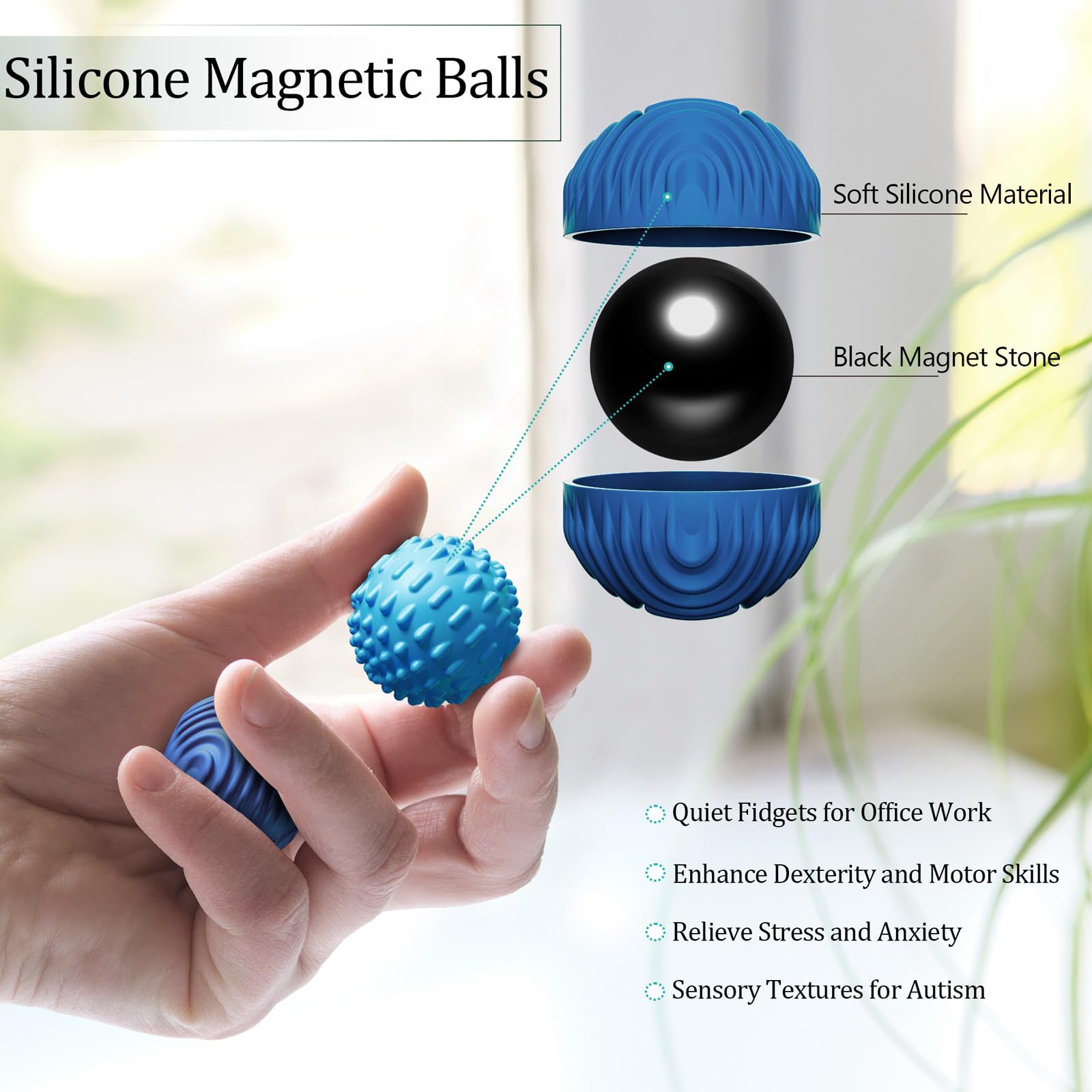 Luckdoor silicone magnetic balls close-up showing varied textures for sensory engagement.